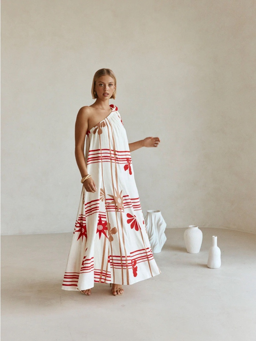 Sabo Skirt One-Shoulder Floral Stripe Avani Maxi Dress - Red & Cream Moana L - Picture 2 of 12